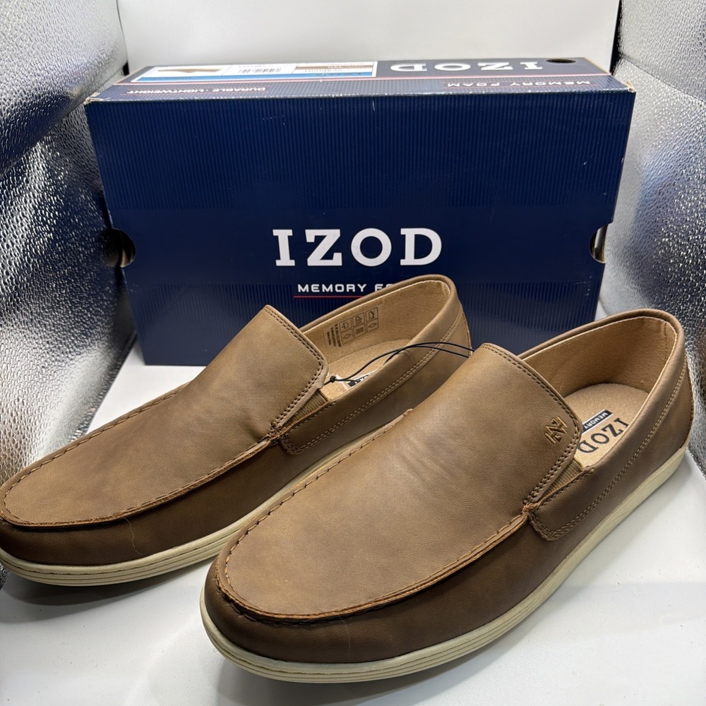 Izod Seapoint Loafers Men's Tan Leather Slip On Mem Foam‎ Casual Mocassin 10.5